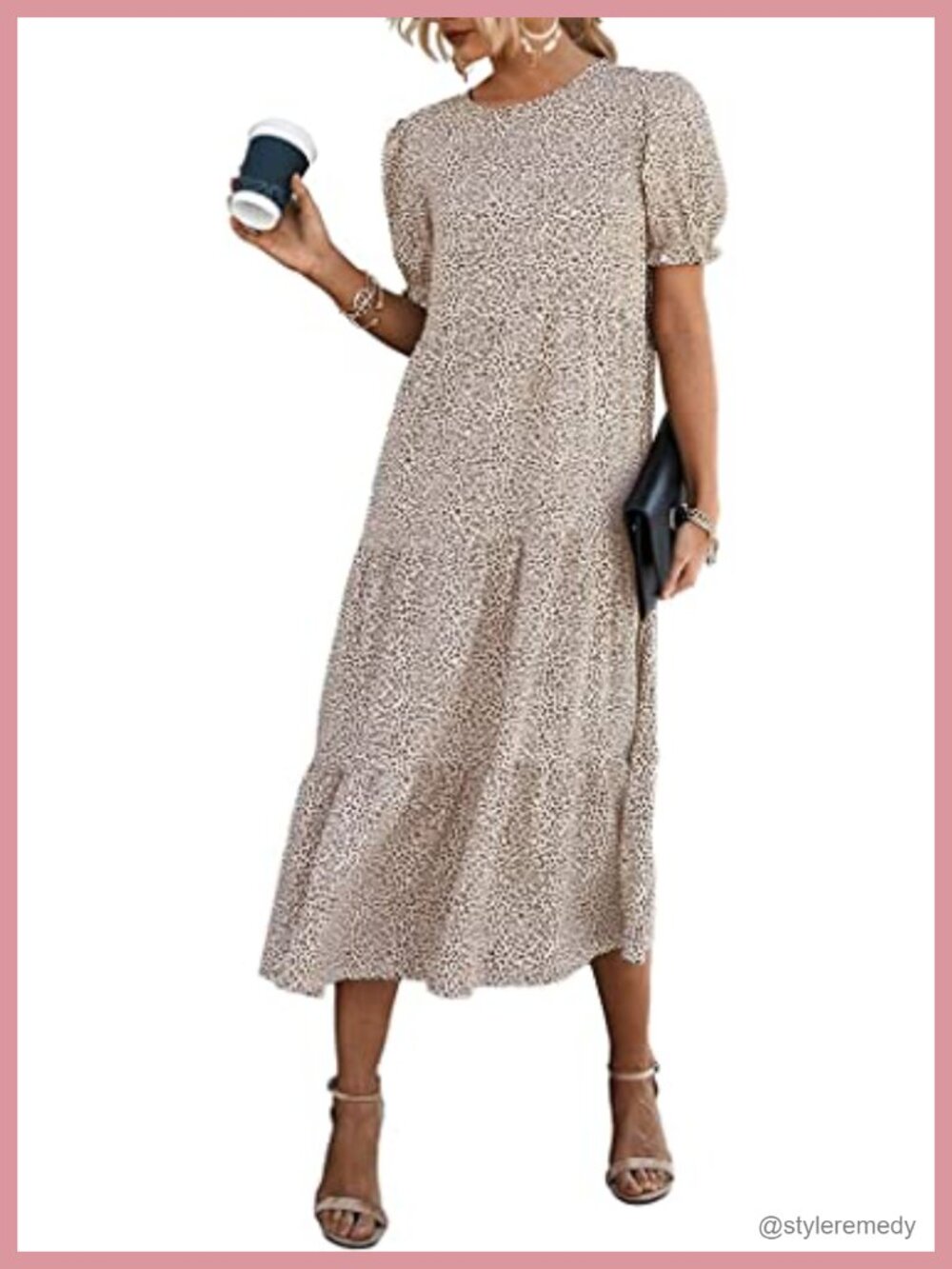 Womens Floral Midi Dress Puff Short Sleeve A-Line Boho Summer